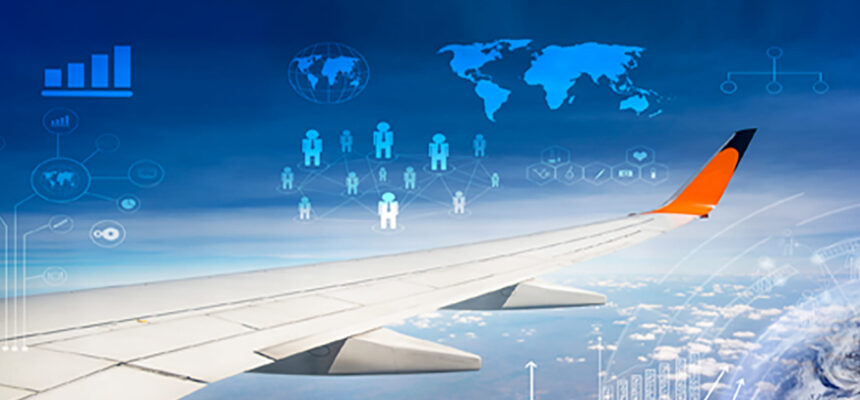 Airplane wing with blue digital network icons and a world map, symbolizing global air travel and connectivity.
