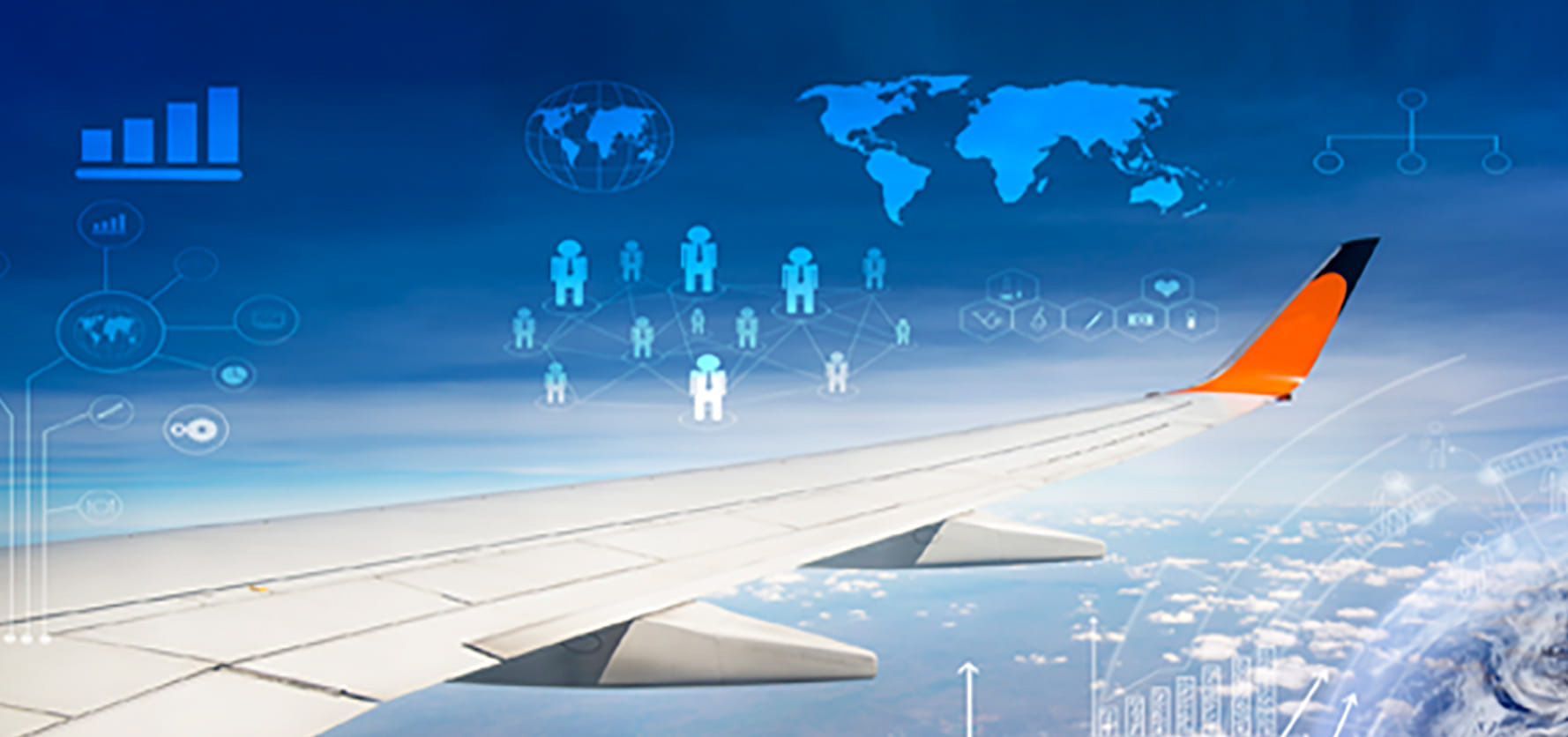 Airplane wing with blue digital network icons and a world map, symbolizing global air travel and connectivity.