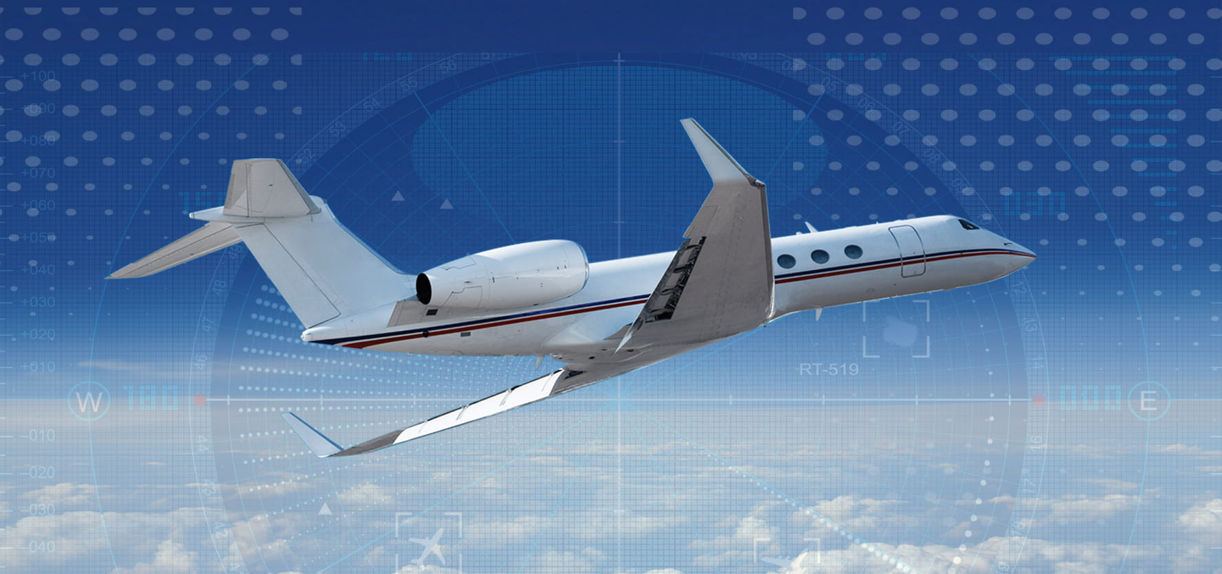 White private jet in a blue sky with digital navigation graphics overlay