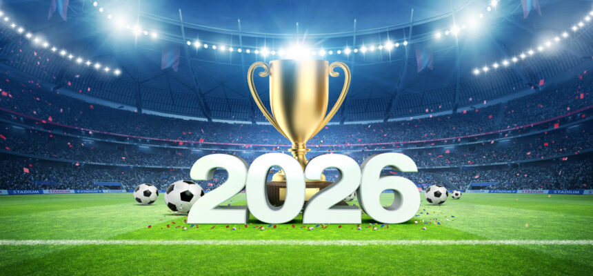Golden trophy perched behind large white '2026' on a football field, with soccer balls, confetti, and stadium lights overhead.