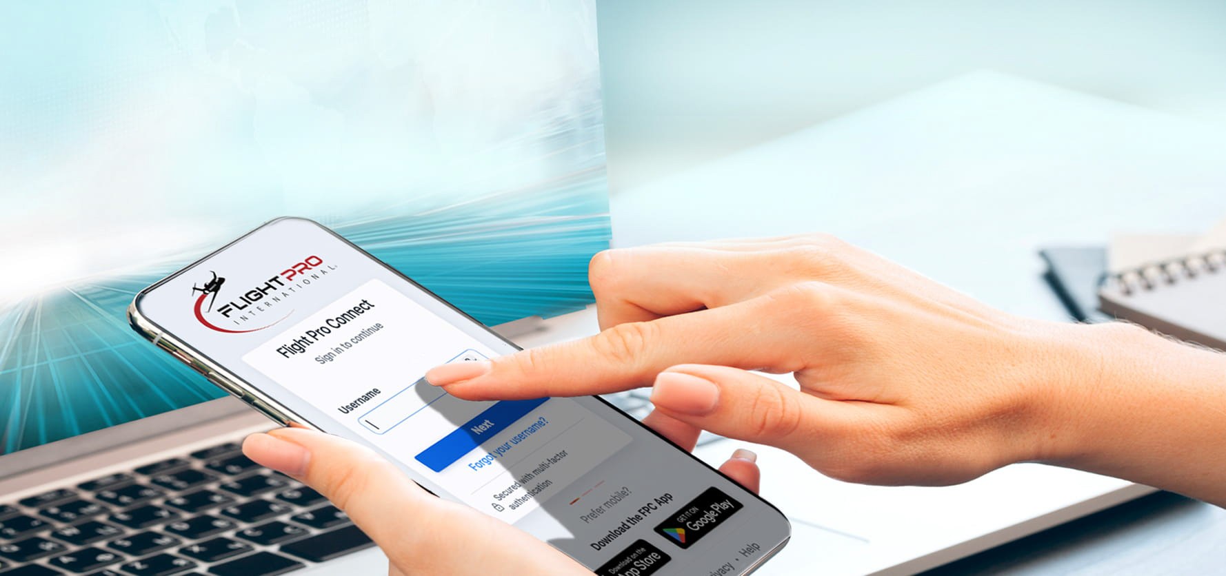 Smartphone screen showing the Flight Pro Connect login form, with a person’s finger about to tap; laptop in the background.